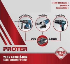 PROTER 3 LÜ SET PST 904 E ŞARJLI AVUÇ TAŞLAMA + PST 945 HD PNOMATİK KIRICI – DELİCİ + PST 924 BL ŞARJLI MATKAP 13 MM KÖMÜRSÜZ DARBELİ +3 AKÜ + TAKIM ÇANTASI